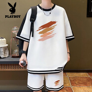 花花公子（PLAYBOY）短袖t恤男休閑套裝男夏季圓領(lǐng)短褲兩件套青少年1套帥氣搭配衣服 TZ2666白色套裝 L 約110-125斤可穿