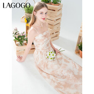 LAGOGO溫柔氣質(zhì)褶皺吊帶裙女拉谷谷夏新款茶歇水墨印花A字連衣裙 混色(Y0) L