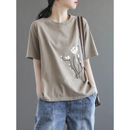 WVHK特價(jià)高檔純棉新款女裝mmT恤短袖夏裝寬松顯瘦遮肚半袖180斤T恤女 卡其色 XL建議125-140斤