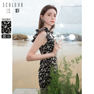 三彩2024春季新款U領浪漫碎花雪紡裙印花飛飛袖連衣裙長裙女 黑米花卉 XL 170/92A