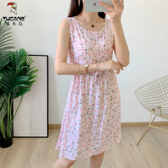 啄木鳥(niǎo)2025夏天小個(gè)子無(wú)袖短款棉綢連衣裙碎花收腰顯瘦抽繩人造棉裙子女 粉底紅芯蘭（短款） 2XL