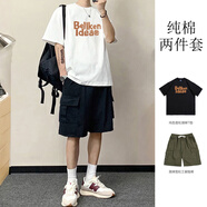 晨代驕套裝】純棉t恤套裝男士夏季寬松短袖運動(dòng)休閑潮流大碼男裝一整套 BELL白色T恤+310純棉黑褲 4XL （165-190斤）