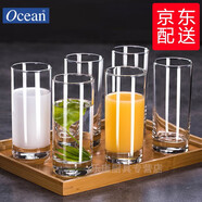 6只裝Ocean進(jìn)口玻璃杯子家用套裝創(chuàng  )意果汁杯牛奶杯子花茶杯啤酒杯泡茶喝茶杯子可微波爐喝水杯子 直筒杯高款290ml 6只裝+茶盤(pán)+杯刷