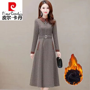 皮爾卡丹（pierre cardin）高端格子長(cháng)袖連衣裙女2023新款秋冬顯瘦氣質(zhì)加絨保暖長(cháng)款裙子 咖啡色加絨加厚 2XL 建議125-135斤
