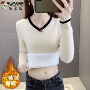 啄木鳥(niǎo)一體絨V領(lǐng)加絨毛衣打底衫女秋冬新款加厚保暖內搭修身針織衫上衣 米白色 S 80--95斤