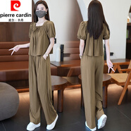 皮爾卡丹（pierre cardin）冰絲休閑套裝女夏季新款韓版小個(gè)子時(shí)尚洋氣減齡寬松顯瘦兩件套 咖綠色 XL (建議115斤-130斤)