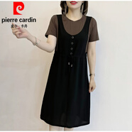 皮爾卡丹（pierre cardin）夏季新款圓領(lǐng)連衣裙拼色假兩件氣質(zhì)顯瘦減齡媽l媽寬松洋氣中長裙 黑咖色 3XL 建議125-135斤