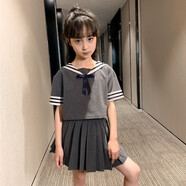 浣莎女童套裝夏裝兒童T恤短裙褲兩件套中大童新款小女孩衣服5-15歲夏季學(xué)院風(fēng)夏天公主裝童裝女運 灰色 150