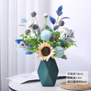 思澤諾客廳假花仿真花擺件花瓶插花花藝干花花束家居餐桌仿生花裝飾品 【藍白色花束+墨綠水立方花瓶】
