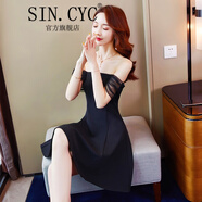 SIN.CYC女裝小個子仙女裙女夏性感一字肩網(wǎng)紗連衣裙禮服裙子 黑色 L
