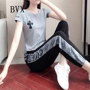 BVX休閑套裝女夏新款韓版氣質(zhì)個(gè)性潮流短袖T恤顯瘦百搭時(shí)尚運(yùn)動(dòng)服 灰色 L