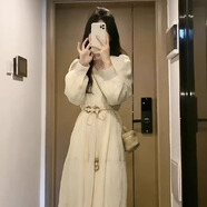 VYQA高端品牌 法式長袖連衣裙女 早春新款梨形顯瘦高級感度假長裙 杏色 M (建議90-110斤)