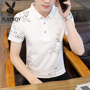 花花公子（PLAYBOY）短袖T恤男士夏季新款polo領(lǐng)衫純棉體恤休閑男裝潮流潮牌翻領(lǐng)T恤衫 2085白色 XL (120-135斤)