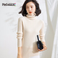 品彩 PinCai 2021年秋季加厚高領(lǐng)毛衣女堆堆領(lǐng)打底衫長(cháng)袖套頭修身彈力保暖針織衫女 PW0JZS389 杏色 M
