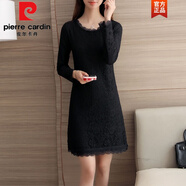 皮爾卡丹（pierre cardin）加絨加厚包臀連衣裙2024秋冬新款修身長(cháng)袖t恤中長(cháng)款蕾絲打底衫女 黑色-加絨(全身加絨) 雙層加厚保 S 建議 95斤以下