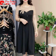 皮爾卡丹（pierre cardin）拼接連衣裙女夏季2025年新款小個子氣質(zhì)高端MM修身顯瘦減齡裙子針 52-【卡其黑】 XL 【115-125斤】