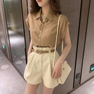 勛貍粑年新款夏季女裝時(shí)尚短褲套裝氣質(zhì)顯瘦輕熟鹽系上衣休閑兩件套 套裝【卡其上衣+杏色短褲】  L 106-115 
