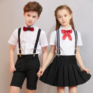 鼎瑪仕花童禮服男女童套裝六一兒童節(jié)主持人合唱表演服小學(xué)生背帶褲校服 男童黑色背帶短袖短褲4件套 140碼 身高135-140cm 重57-61斤