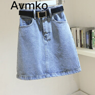 潮牌Avmko半身裙女2022夏季新款淺藍色牛仔裙高腰顯瘦a字百搭包臀裙半身裙短裙 淺藍色 S