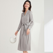金菊【重磅桑蠶絲】2025夏V領九分袖系帶收腰顯瘦繡花真絲連衣裙女裝