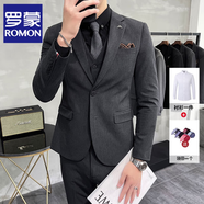 羅蒙（ROMON）輕熟風(fēng)休閑大碼西服套裝男韓版修身兩粒扣三件套通勤商務(wù)小西裝潮 深灰色【西服+西褲+白襯衫+領(lǐng)帶】 XL (建議125-135斤內(nèi))