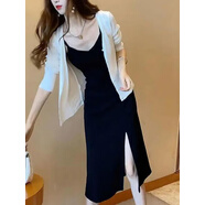 GOCHIEI春夏新款套裝女2025 時(shí)尚休閑開(kāi)叉吊帶連衣裙+防曬開(kāi)衫兩 黑色[套裝]吊帶裙+開(kāi)衫防曬衣 M 91-105斤