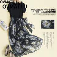 OVMATTU輕奢潮牌女裝 真絲印花連衣裙女2022夏季新款桑蠶絲修身拼接假兩件裙子系 黑色 L