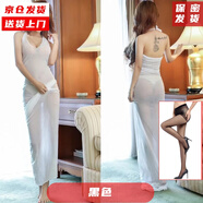 奧義馳垂感薄款性感掛脖連體長裙晚禮服CD花邊深V透明包臀連衣裙 黑色+絲襪 均碼(超彈性誰都可以穿)