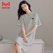 貓人（MiiOW）100%純棉睡裙女夏季薄款短袖中長(zhǎng)款條紋大碼睡衣家居服 Y1511條紋 XL (建議120-140斤)