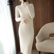 可茵 針織打底連衣裙女2024年新款秋冬長(cháng)款過(guò)膝毛衣裙女半高領(lǐng)裙子女 米白色 L