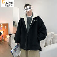 賓迪肯（BINDIKEN）羊羔毛絨棉衣外套男冬季棉服潮牌寬松青少年冬裝加絨加厚保暖衣服 A071-089黑色 L