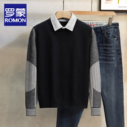 羅蒙（ROMON）輕熟風(fēng)翻領(lǐng)毛衣男秋冬季新款潮流假兩件針織衫帥氣休閑內搭毛線(xiàn)衣 黑色 M 170