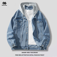 SWAMP AREA男士連帽牛仔外套秋冬季美式復古寬松情侶休閑夾克 SWC11藍色 L