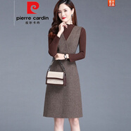 皮爾卡丹女裝V領(lǐng)毛呢背心裙連衣裙女秋裝2021年新款氣質(zhì)知性通勤女裝秋冬季打底背帶裙子 格子兩件裝 XL