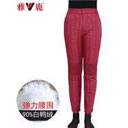 雅鹿中年老年羽絨褲女內膽冬季鴨絨彈力高腰褲內穿褲子 紅色玫瑰花（膝部有蓋） 2XL (175)