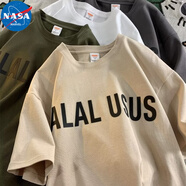 NASA MARVEL美式復(fù)古純棉短袖t恤男夏季寬松圓領(lǐng)潮牌大碼上衣高街五分袖體恤 杏色 XL
