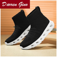Darren Gino大碼彈力襪子鞋45冬冬飛織無(wú)鞋帶針織帆布鞋46一腳蹬高腰男鞋4748 黑白_[方便穿脫不綁帶懶漢沒(méi)有鞋帶懶人免系鞋帶] 46 -[適合秋季夏季秋天夏天秋夏款穿的鞋子]
