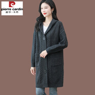 皮爾卡丹（pierre cardin）中長(zhǎng)款羊毛針織開衫女春秋裝外搭新款連帽粗線毛衣外套碼大羊絨衣 黑灰 L