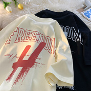 曼迪尚美式純棉短袖t恤男夏季潮牌印花圓領(lǐng)上衣高街寬松大碼半袖體恤衫 杏色 XL