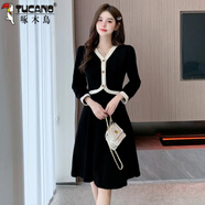 啄木鳥(niǎo)胖大碼女裝春秋新款潮小香風(fēng)領(lǐng)遮肚子顯瘦中長(cháng)款長(cháng)袖連衣裙女 黑色 L 建議100-115斤