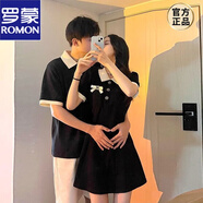 羅蒙（ROMON）情侶裝套裝一裙一衣潮流你衣我裙夏季短袖polo打底衫小眾設(shè)計(jì)感 【珠地棉】女黑連衣裙+男黑POLO M 女+男2XL