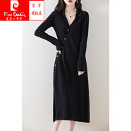 皮爾卡丹（pierre cardin）2024秋冬新款斜襟100%羊毛針織連衣裙開(kāi)衫女韓版羊絨過(guò)膝長(cháng)裙子 黑色 S