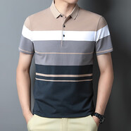VACK夏季POLO半袖男生休閑t恤男裝潮流打底衫衣服男條紋翻領(lǐng)夏天短袖 中杏 M(90-115斤)