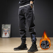 古先森束腳牛仔褲男寬松秋冬季加絨哈倫褲男士束腳褲男休閑彈力長(cháng)褲子男 黑色加絨1831 2XL (體重170-190斤)