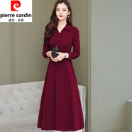 皮爾卡丹（pierre cardin）中長款連衣裙女春秋季新款韓版收腰氣質(zhì)闊太太長袖簡約裙時尚顯瘦 酒紅 XL