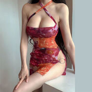 奈久留美夏季新款歐美風(fēng)時(shí)尚掛頸純欲風(fēng)露背修身開叉洋派網(wǎng)紅洋裝女 花色 S建議80-95斤