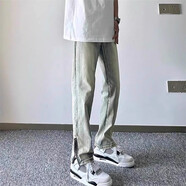 衣然呈品修身牛仔褲男側邊拉鏈微喇寬松痞帥美式高街潮牌直筒春秋款褲子男 黃泥色 S【建議85-95斤】