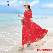 范哲莎小個子女人夏天穿的中長連衣裙大擺裙夏紅色中長款跳舞雪紡連衣裙 花色 2XL 建議125--135斤