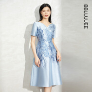 粉藍(lán)衣櫥雅致東方金絲提花釘珠裙女秋精致喜婆婆輕禮服短袖連衣裙533L581 月光藍(lán) L