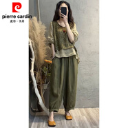 皮爾卡丹時(shí)尚棉麻套裝女2026夏季新款印花拼接假兩件上衣哈倫褲顯瘦兩件套 【套裝】上衣+褲子 4XL 【建議165-180斤】